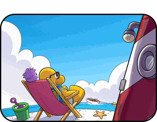 Pingüino descansando en una hamaca en la playa, junto al faro.