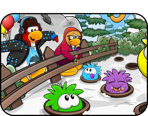 Pingüinos y puffles celebrando una fiesta con globos.