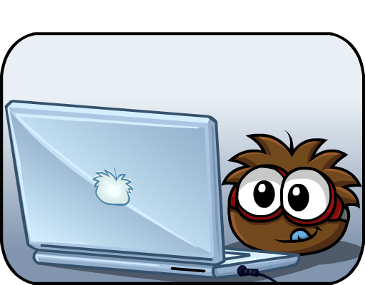 Puffle junto a un ordenador, listo para ayudar.